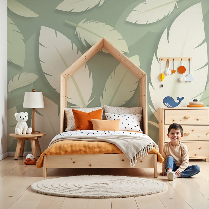 Nursery room wallpaper | Delicate leaves on soothing green background
