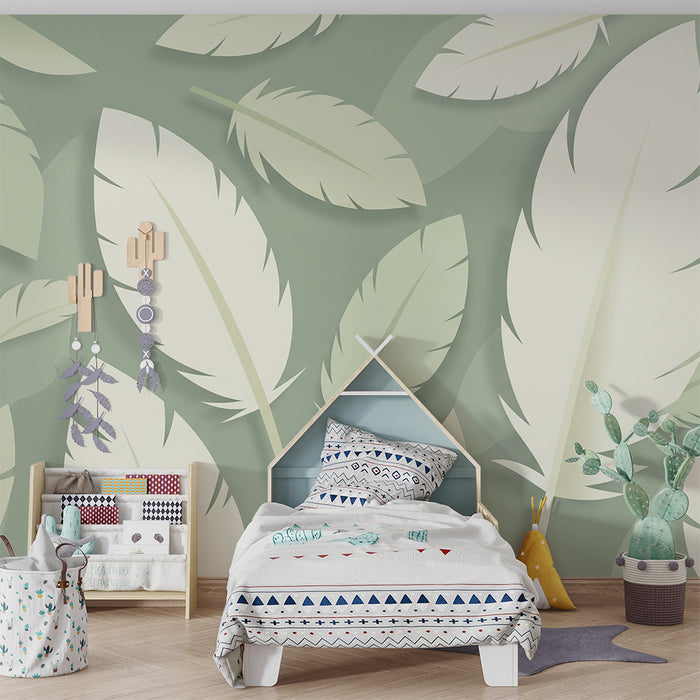 Nursery room wallpaper | Delicate leaves on soothing green background