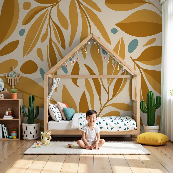 Papier peint chambre bébé | Feuilles dorées et touches de bleu sur fond crème