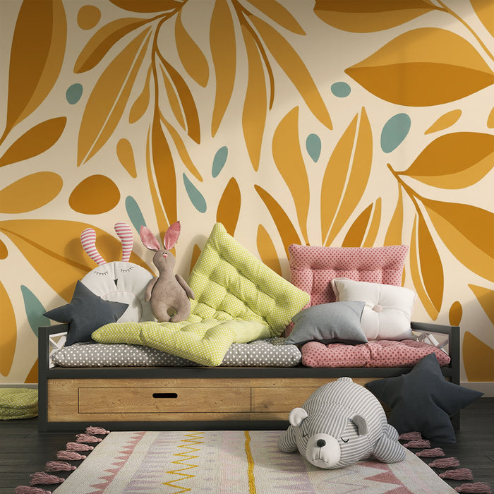 Papier peint chambre bébé | Feuilles dorées et touches de bleu sur fond crème