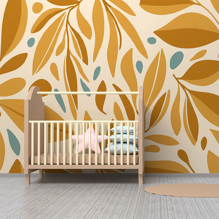 Papier peint chambre bébé | Feuilles dorées et touches de bleu sur fond crème