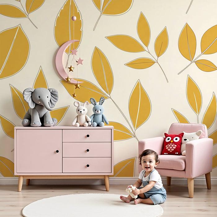Papier peint chambre bébé | Feuilles dorées sur fond crème