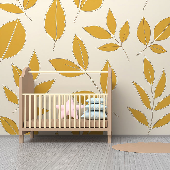 Papier peint chambre bébé | Feuilles dorées sur fond crème