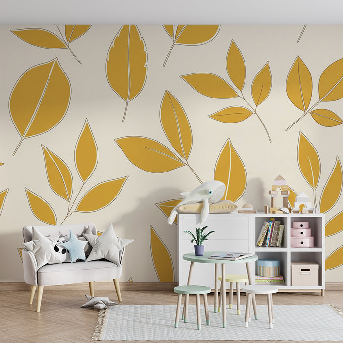 Papier peint chambre bébé | Feuilles dorées sur fond crème