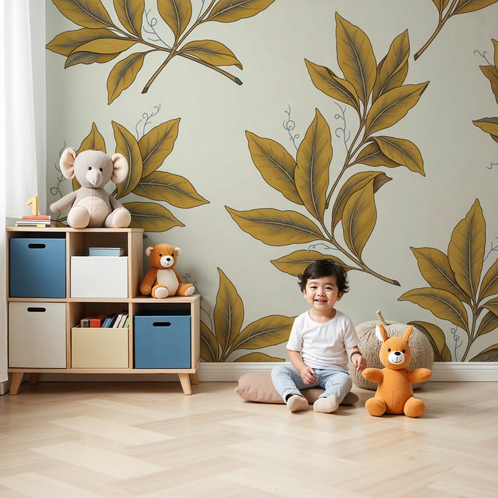 Papier peint chambre bébé | Feuilles dorées sur fond crème dans une ambiance douce