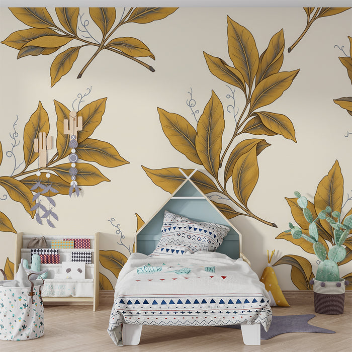 Papier peint chambre bébé | Feuilles dorées sur fond crème dans une ambiance douce