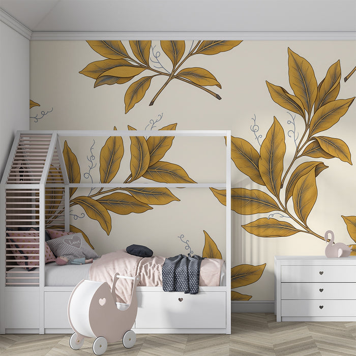 Papier peint chambre bébé | Feuilles dorées sur fond crème dans une ambiance douce