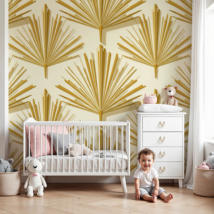 Papier peint chambre bébé | Feuilles dorées sur fond crème pour une ambiance chaleureuse