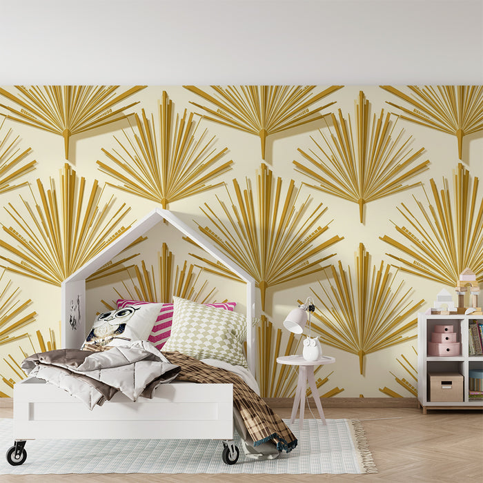 Papier peint chambre bébé | Feuilles dorées sur fond crème pour une ambiance chaleureuse