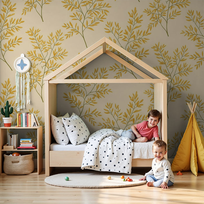 Papier peint chambre bébé | Feuilles dorées sur fond crème pour une ambiance douce