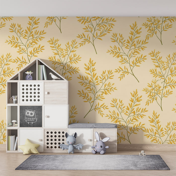 Papier peint chambre bébé | Feuilles dorées sur fond crème pour une ambiance douce