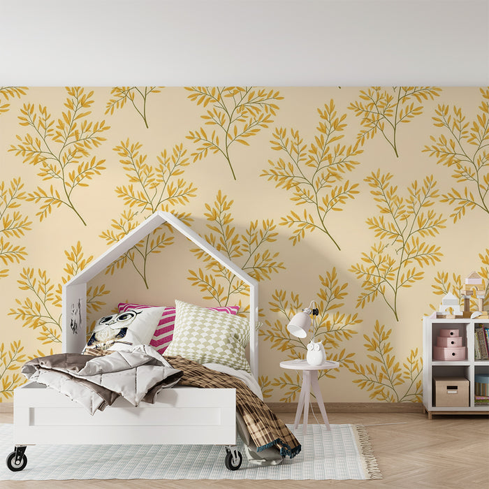 Papier peint chambre bébé | Feuilles dorées sur fond crème pour une ambiance douce