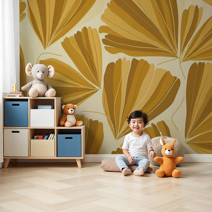 Papier peint chambre bébé | Feuilles dorées sur fond doux pour une ambiance chaleureuse