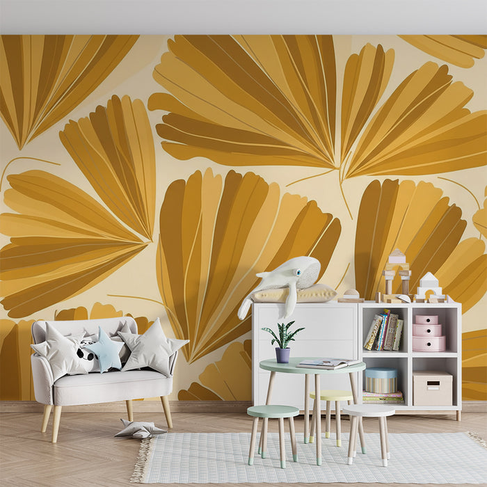 Papier peint chambre bébé | Feuilles dorées sur fond doux pour une ambiance chaleureuse