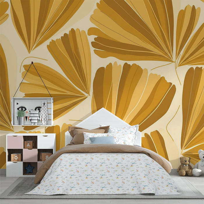 Papier peint chambre bébé | Feuilles dorées sur fond doux pour une ambiance chaleureuse