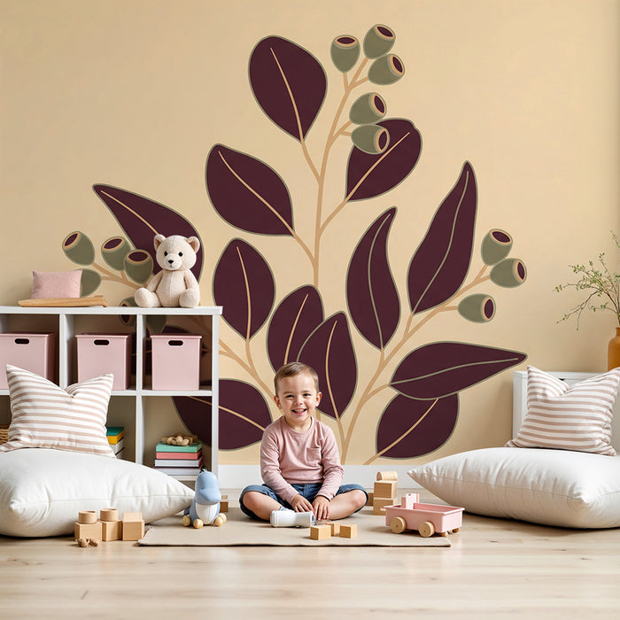 Papier peint chambre bébé | Feuilles élégantes et baies sur fond doux