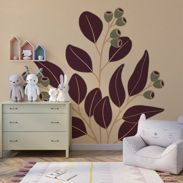 Papier peint chambre bébé | Feuilles élégantes et baies sur fond doux