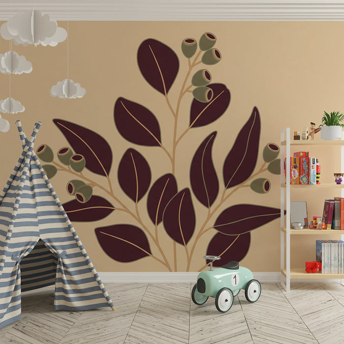 Papier peint chambre bébé | Feuilles élégantes et baies sur fond doux