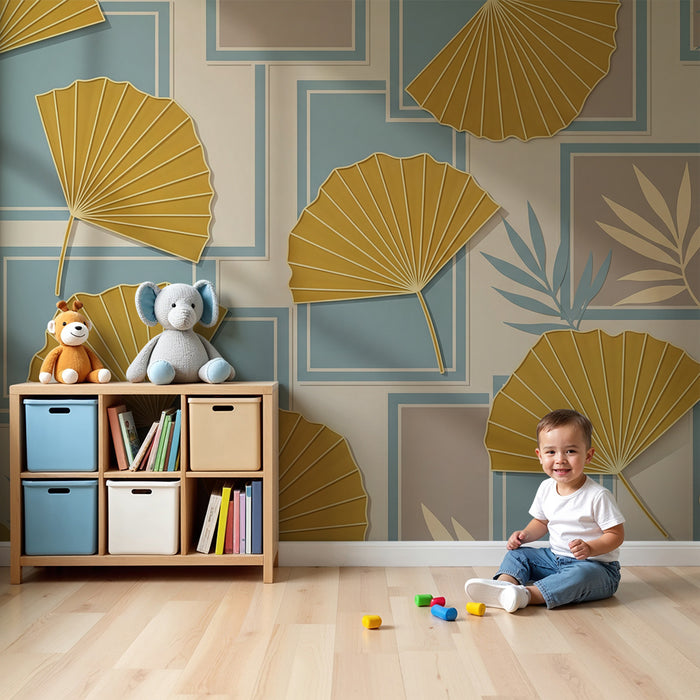 Papier peint chambre bébé | Feuilles élégantes et motifs géométriques en tons doux