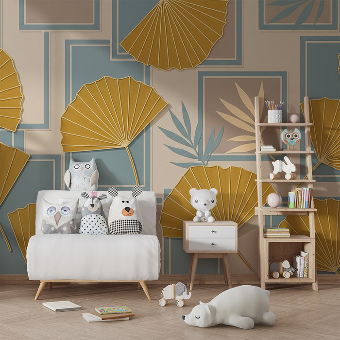 Papier peint chambre bébé | Feuilles élégantes et motifs géométriques en tons doux