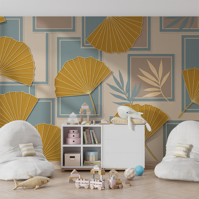 Papier peint chambre bébé | Feuilles élégantes et motifs géométriques en tons doux