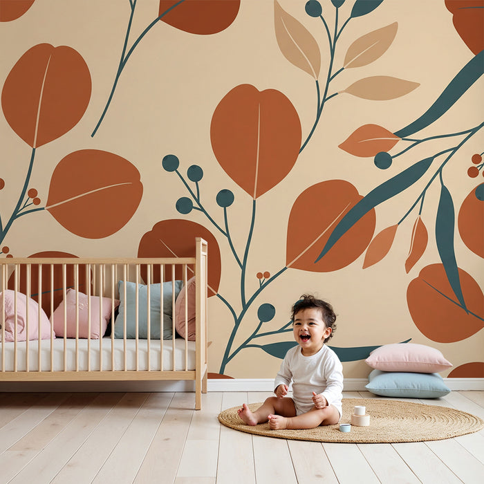 Baby room wallpaper | Leaves and berries in terracotta tones on a soft background