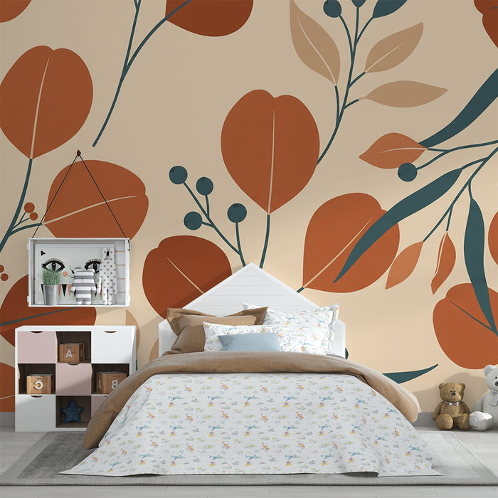 Baby room wallpaper | Leaves and berries in terracotta tones on a soft background