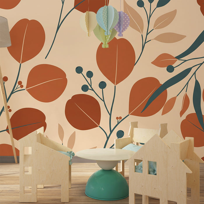 Baby room wallpaper | Leaves and berries in terracotta tones on a soft background