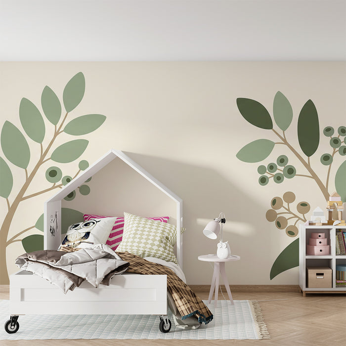 Behang babykamer | Fijne blaadjes en bessen op een zachte achtergrond in een lieve stijl