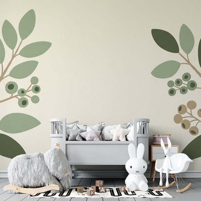 Behang babykamer | Fijne blaadjes en bessen op een zachte achtergrond in een lieve stijl