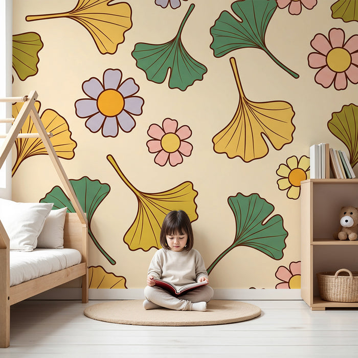 Nursery Wallpaper | Colorful Leaves and Flowers on a Soft Background