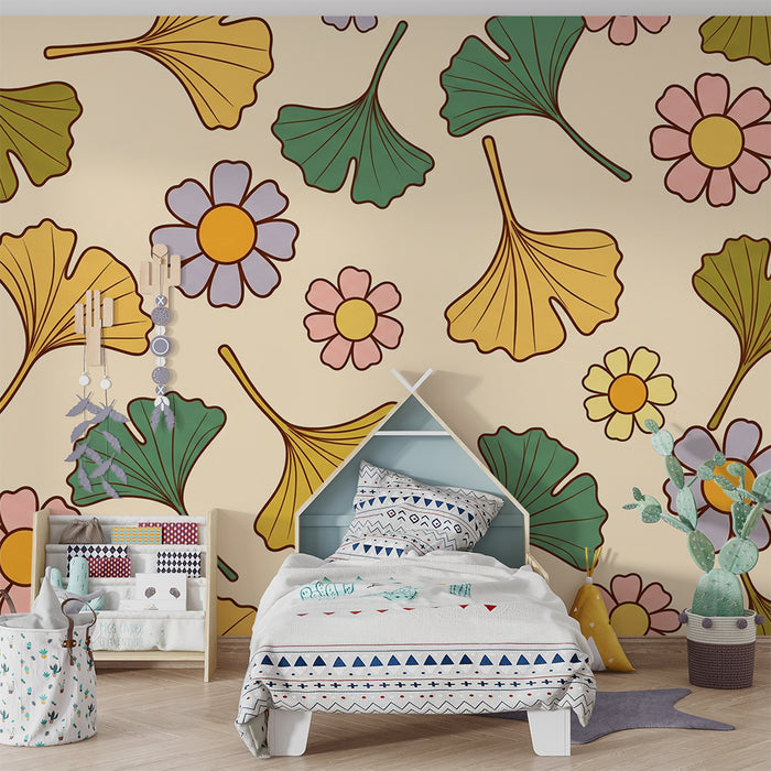 Nursery Wallpaper | Colorful Leaves and Flowers on a Soft Background