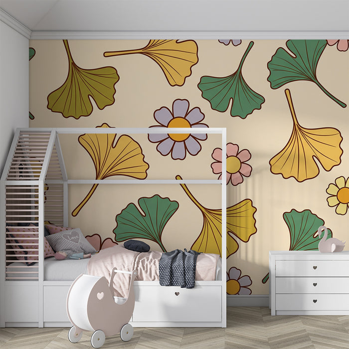 Nursery Wallpaper | Colorful Leaves and Flowers on a Soft Background