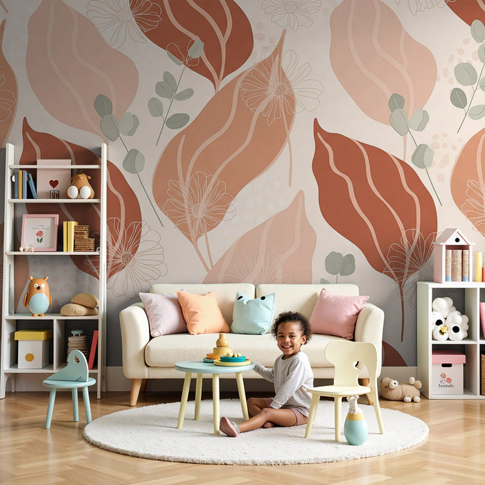 Papier peint chambre bébé | Feuilles et fleurs dans des tons doux de terracotta et beige