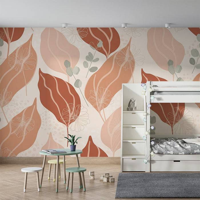 Papier peint chambre bébé | Feuilles et fleurs dans des tons doux de terracotta et beige