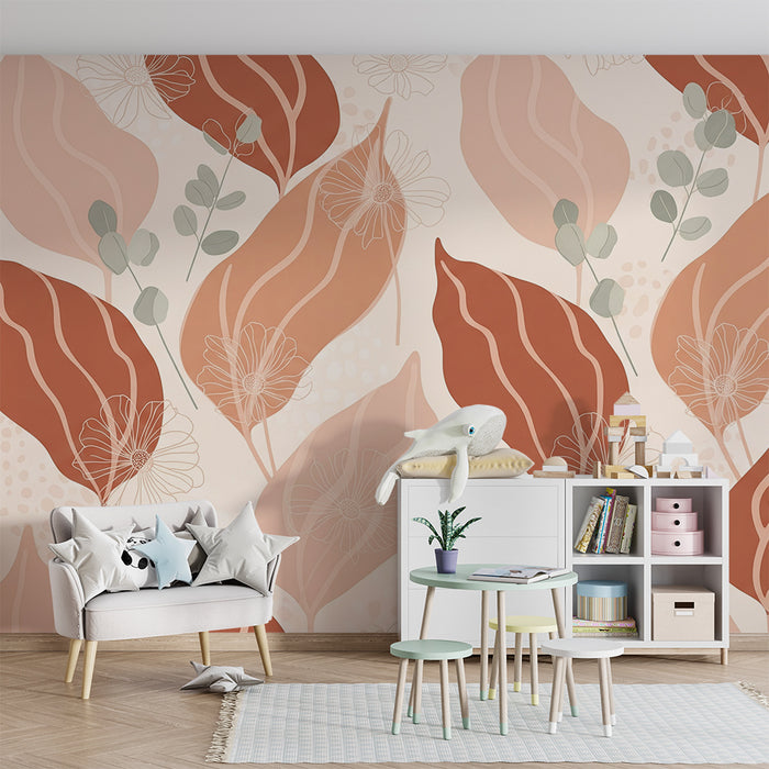 Papier peint chambre bébé | Feuilles et fleurs dans des tons doux de terracotta et beige