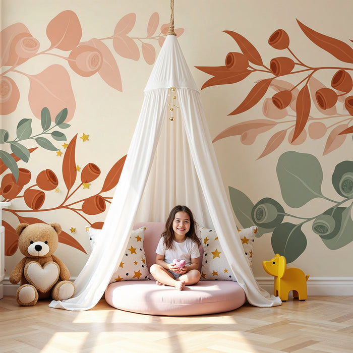 Papier peint chambre bébé | Feuilles et fleurs stylisées dans des tons doux