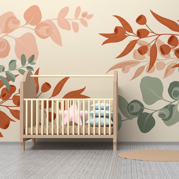 Papier peint chambre bébé | Feuilles et fleurs stylisées dans des tons doux