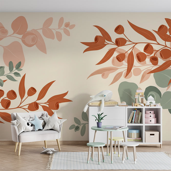 Papier peint chambre bébé | Feuilles et fleurs stylisées dans des tons doux