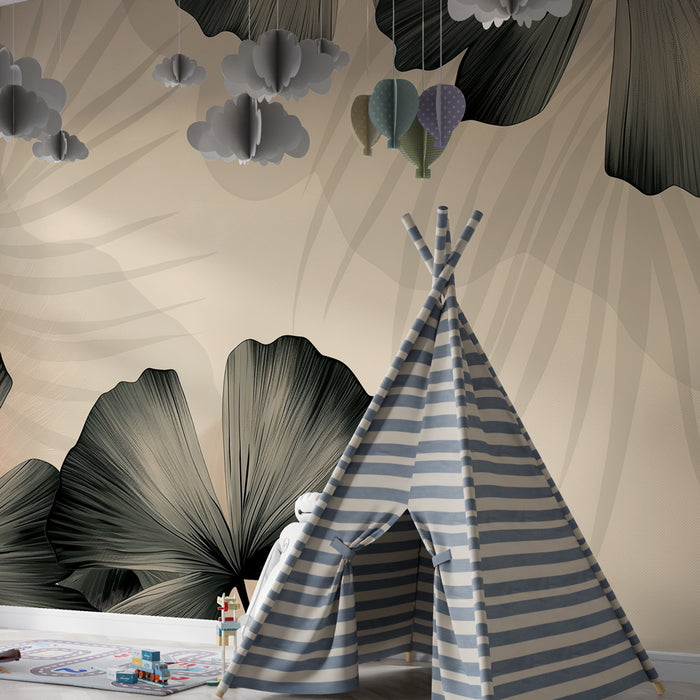 Papel de parede quarto bebê | Folhas exóticas em fundo calmante