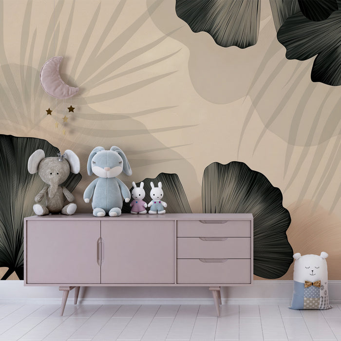 Papel de parede quarto bebê | Folhas exóticas em fundo calmante