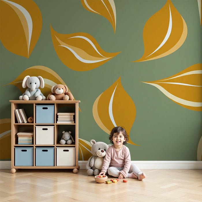 Papier peint chambre bébé | Feuilles stylisées dans des tons dorés sur fond vert