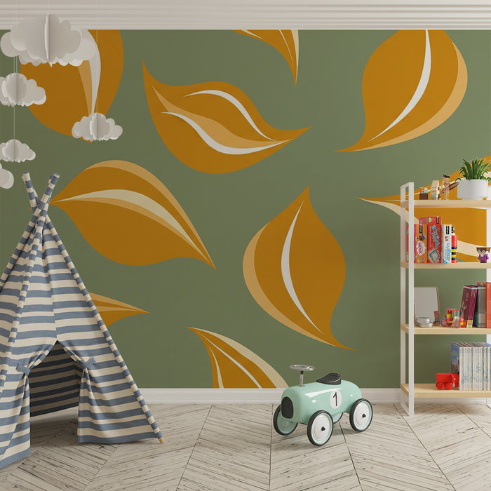 Papier peint chambre bébé | Feuilles stylisées dans des tons dorés sur fond vert