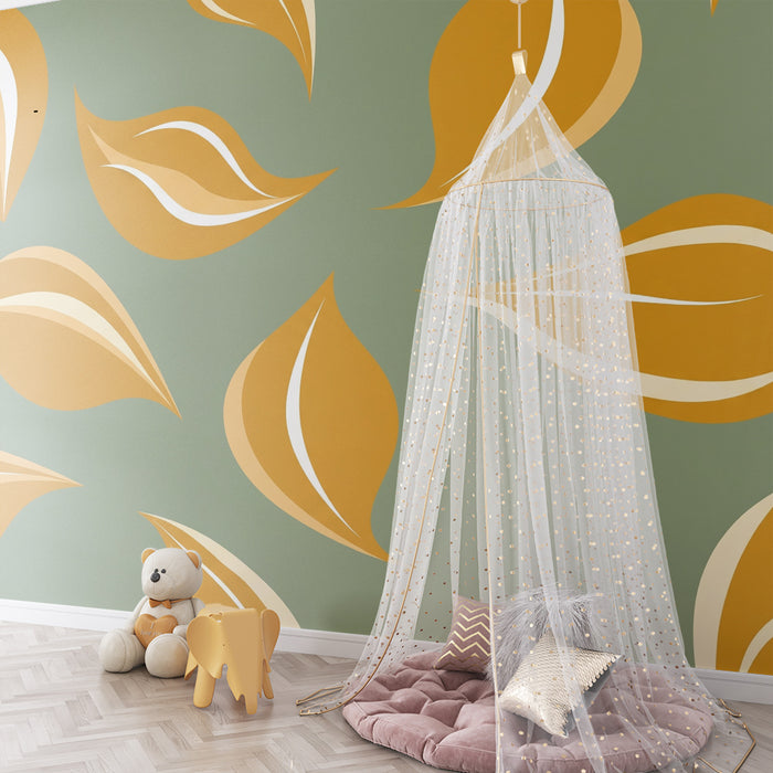 Papier peint chambre bébé | Feuilles stylisées dans des tons dorés sur fond vert