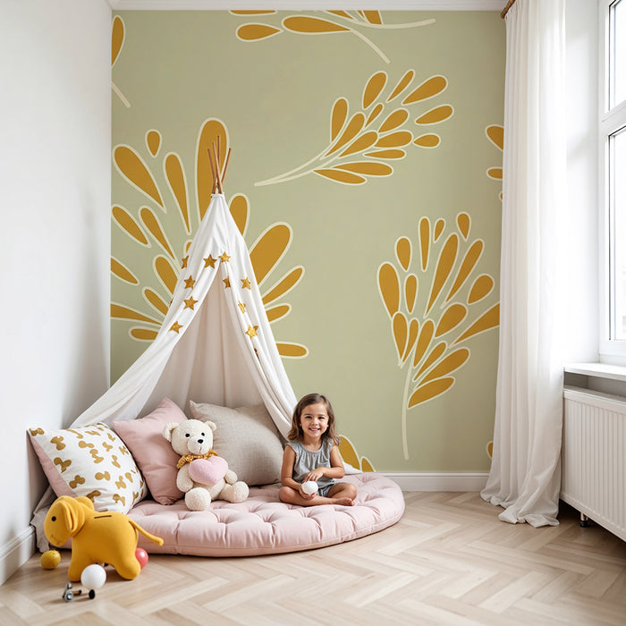 Papier peint chambre bébé | Feuilles stylisées en jaune sur fond doux