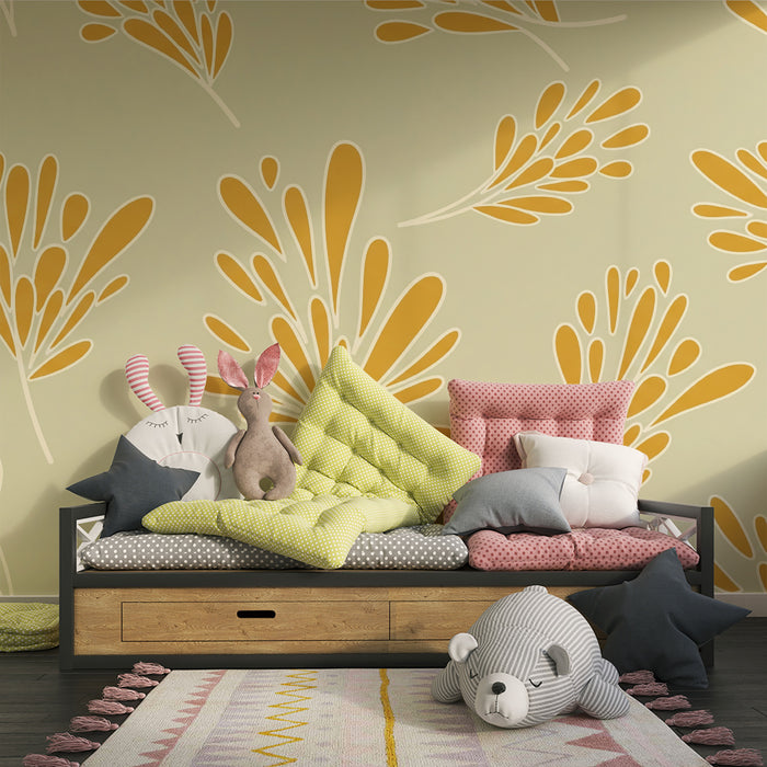 Papier peint chambre bébé | Feuilles stylisées en jaune sur fond doux