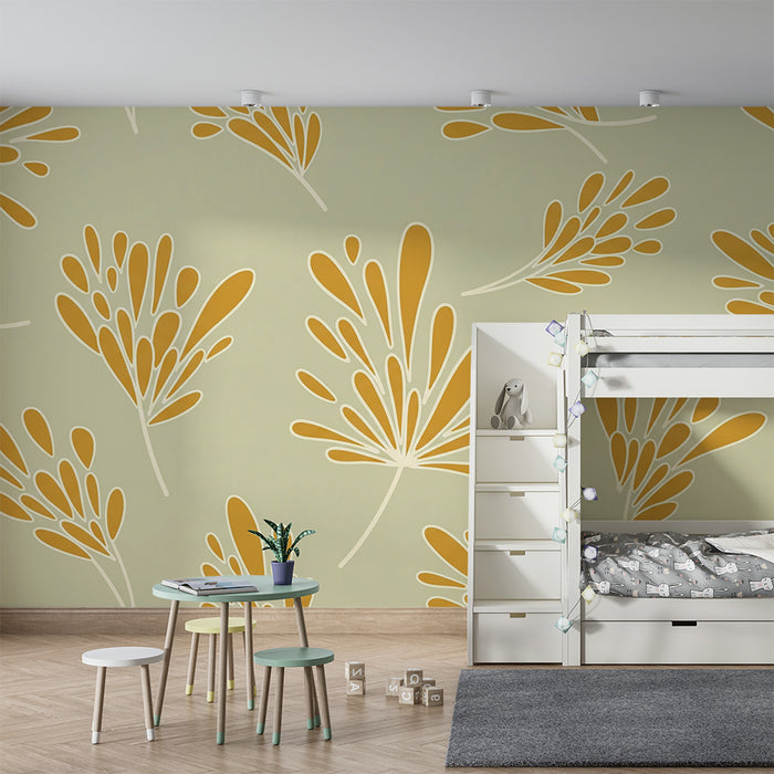 Papier peint chambre bébé | Feuilles stylisées en jaune sur fond doux