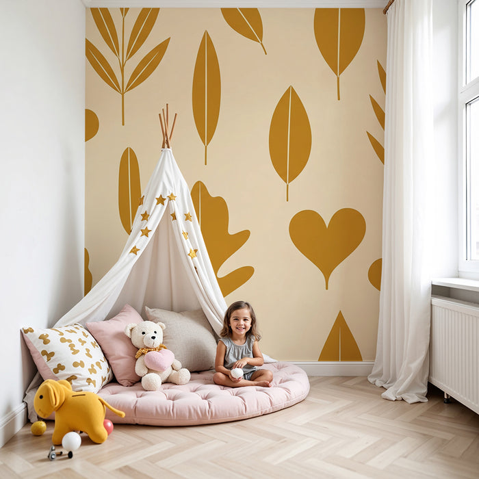 Papier peint chambre bébé | Feuilles stylisées en teintes dorées sur fond beige