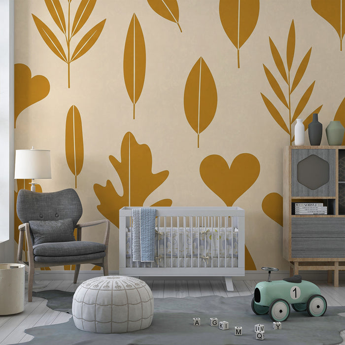 Papier peint chambre bébé | Feuilles stylisées en teintes dorées sur fond beige