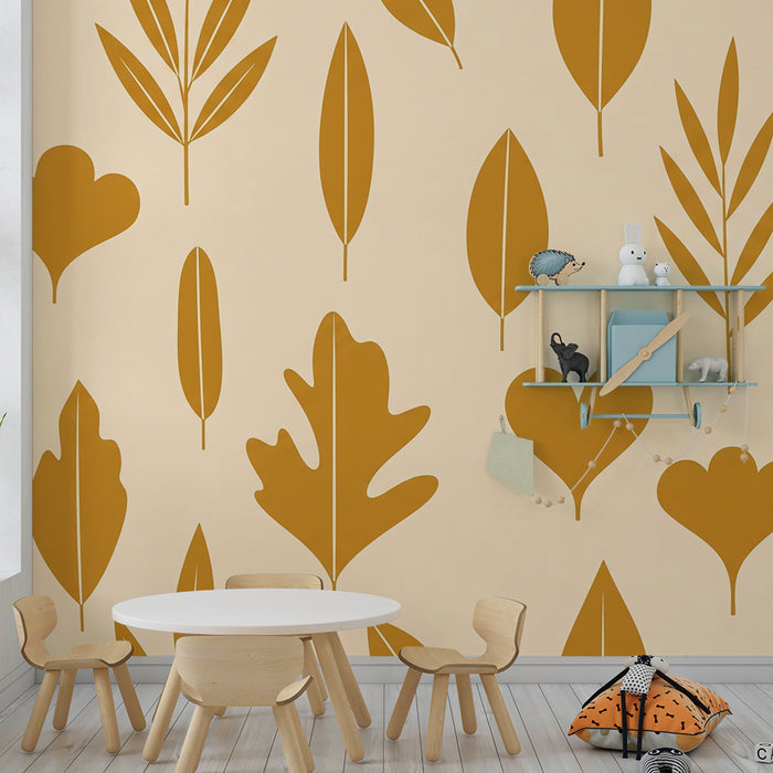 Papier peint chambre bébé | Feuilles stylisées en teintes dorées sur fond beige